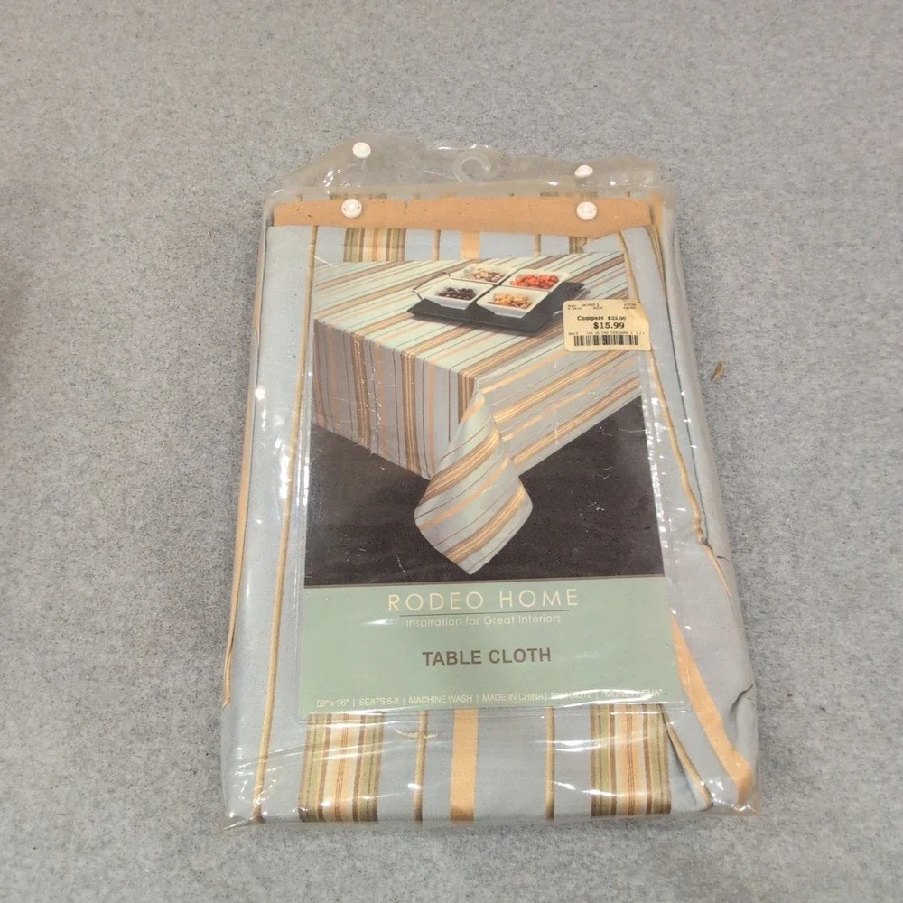Rodeo Home Table Cloth Rectangular Striped Moss Aqua Tan Seats 6-8 New - Picture 1 of 3